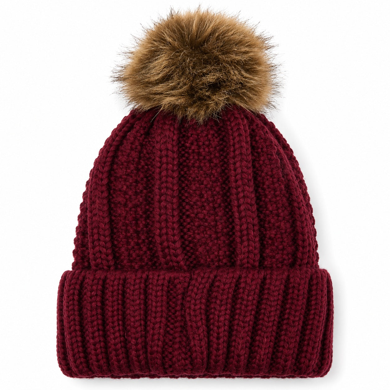 Fuzzy Lining Knitted Beanie With Fur Pom - MBEANIE2