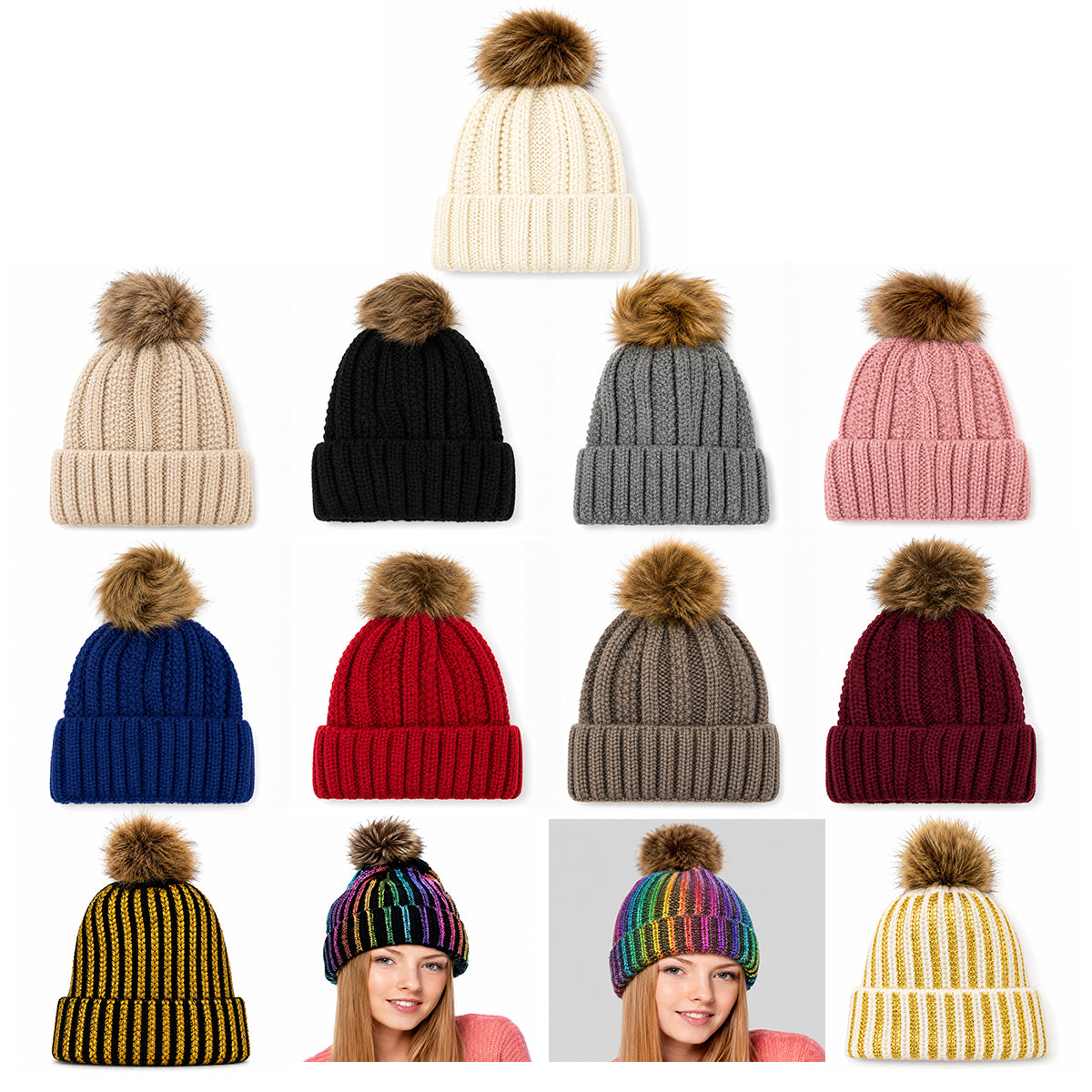 Fuzzy Lining Knitted Beanie With Fur Pom - MBEANIE2