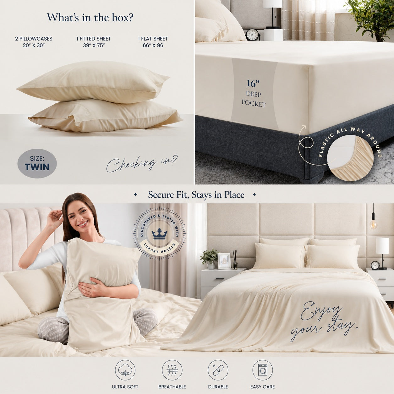 BELADOR 4 Pc Twin Bed Sheets(Cream) - MBLS103