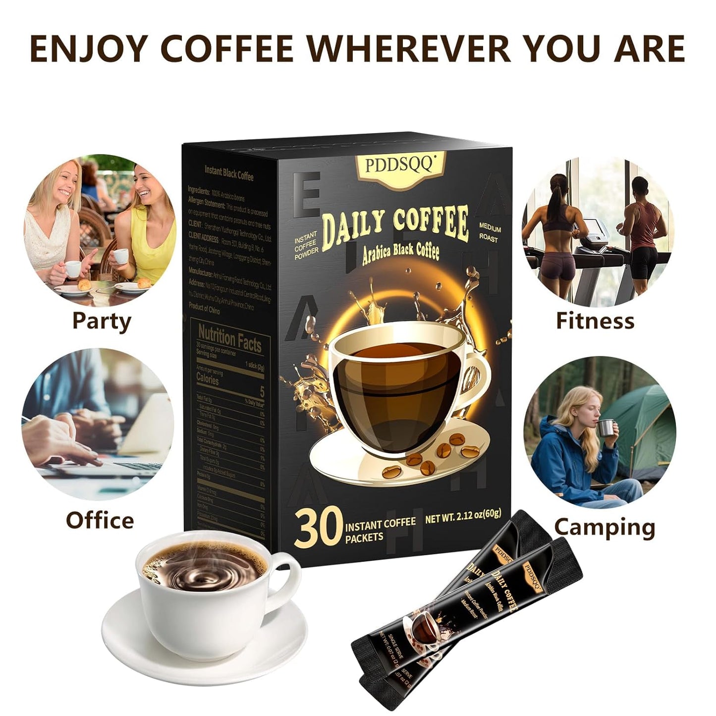 PDDSQQ Arabica Instant Black Coffee 30 packs Medium Roast 60g - MCOFFEE30