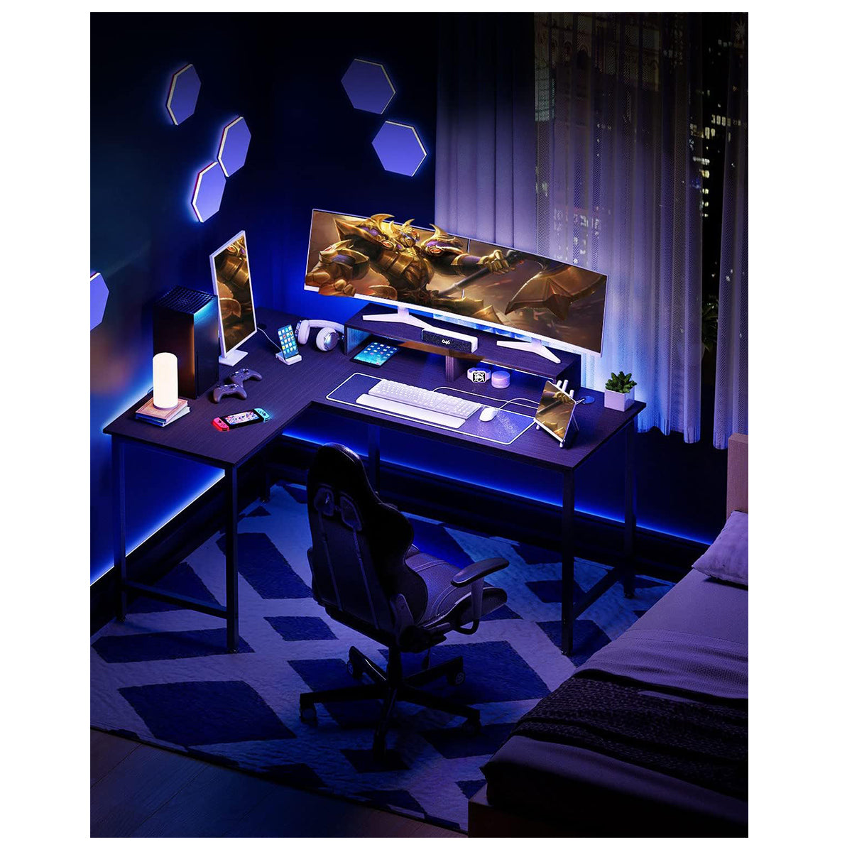 MINOSYS 58 Inches L Shaped Office Desktop Table With Storage and Monitor Stand (Reversible Corner)- MTABLE58