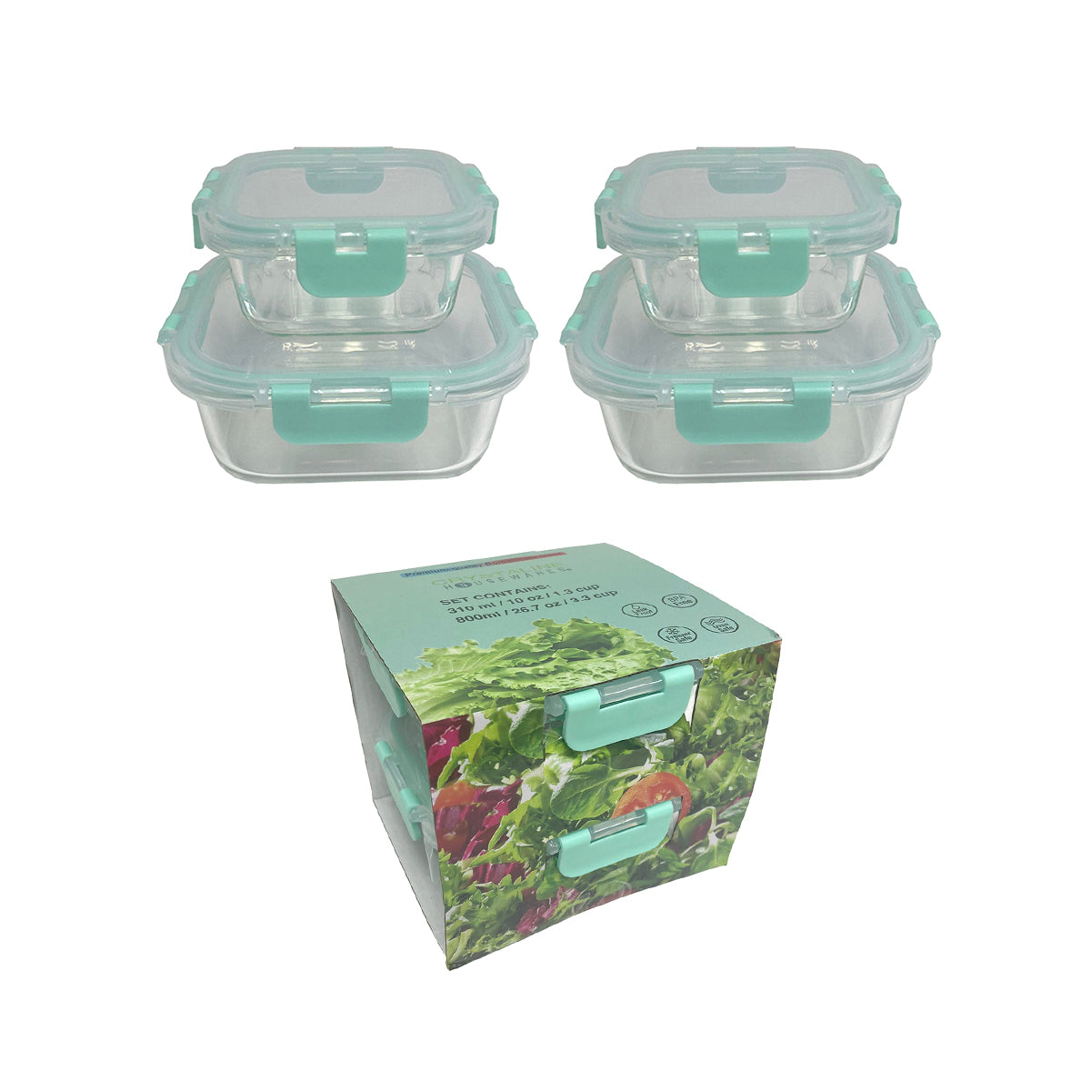 4 Pk Square Container 2X 310Ml + 2X 800Ml Glass W/ Hinged Pp Lid - FC310SQ