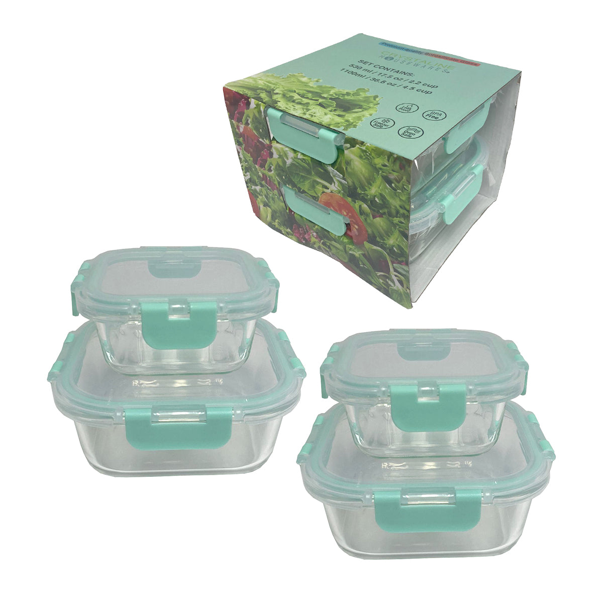 4 Pk Square Container
2X 530Ml + 2X 1100Ml, Glass W/ Hinged Pp Lid - FC530SQ