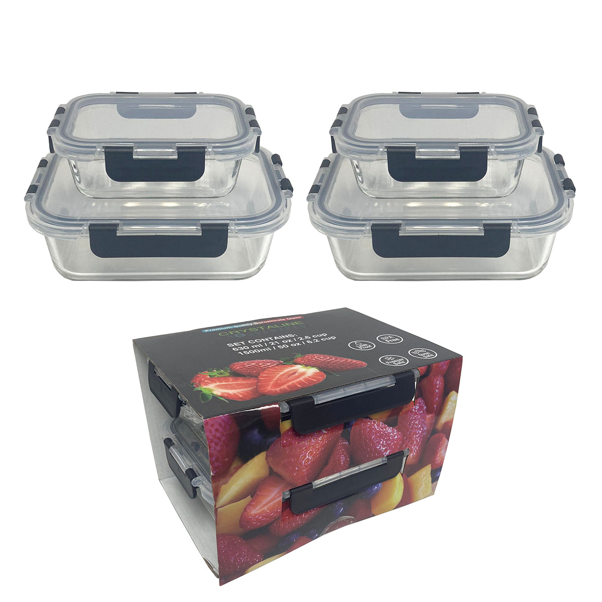 4 Pk Rectangle Container
2X 630Ml + 2X 1500Ml Glass W/ Hinged Pp Lid - FC630RE