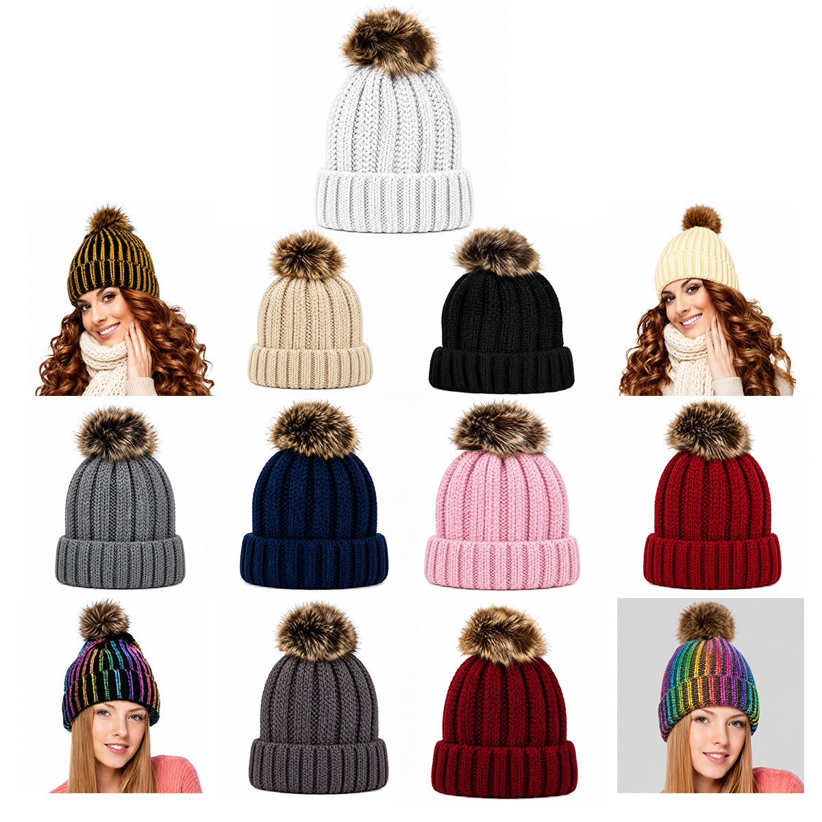 Fuzzy Lining Knitted Beanie With Fur Pom - MBEANIE2