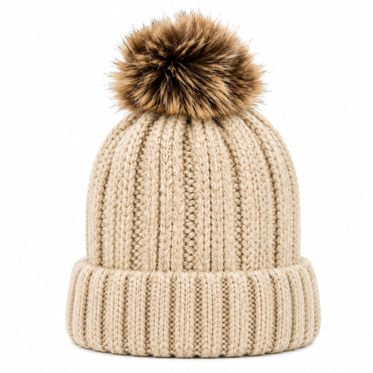 Fuzzy Lining Knitted Beanie With Fur Pom - MBEANIE2