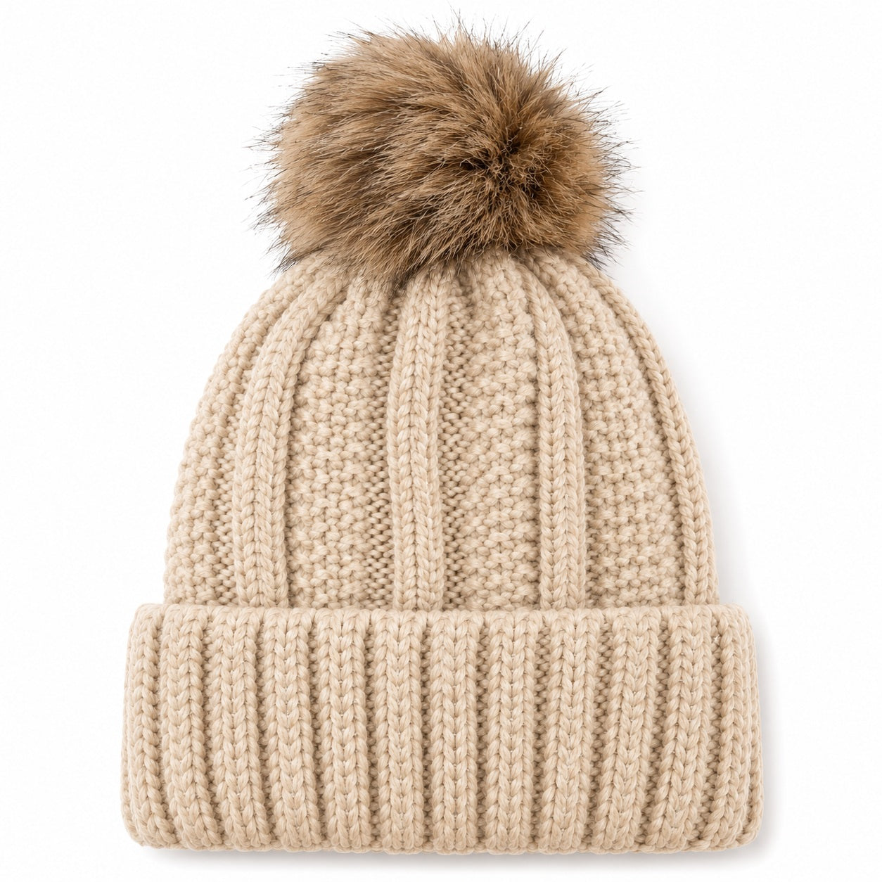 Fuzzy Lining Knitted Beanie With Fur Pom - MBEANIE2