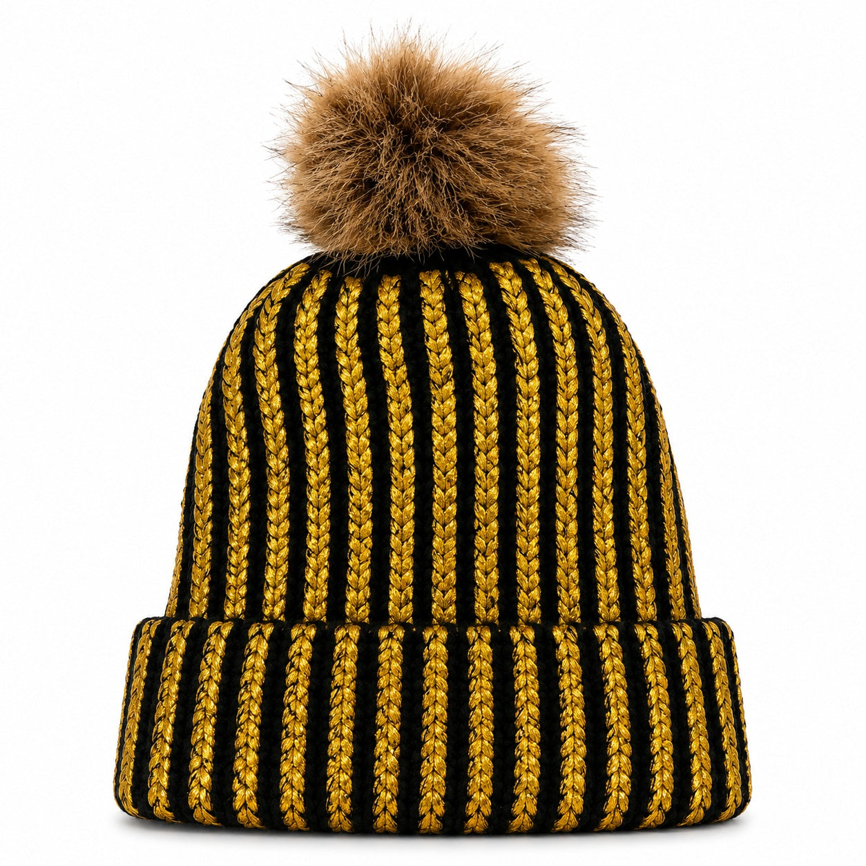 Fuzzy Lining Knitted Beanie With Fur Pom - MBEANIE2