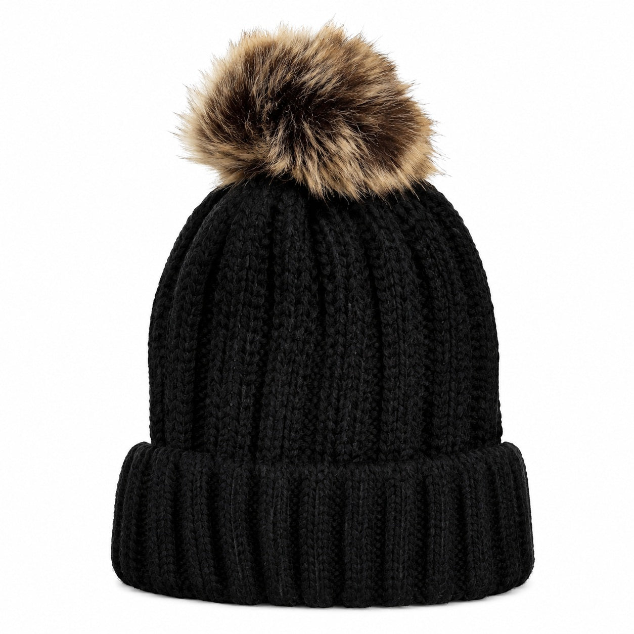 Fuzzy Lining Knitted Beanie With Fur Pom - MBEANIE2