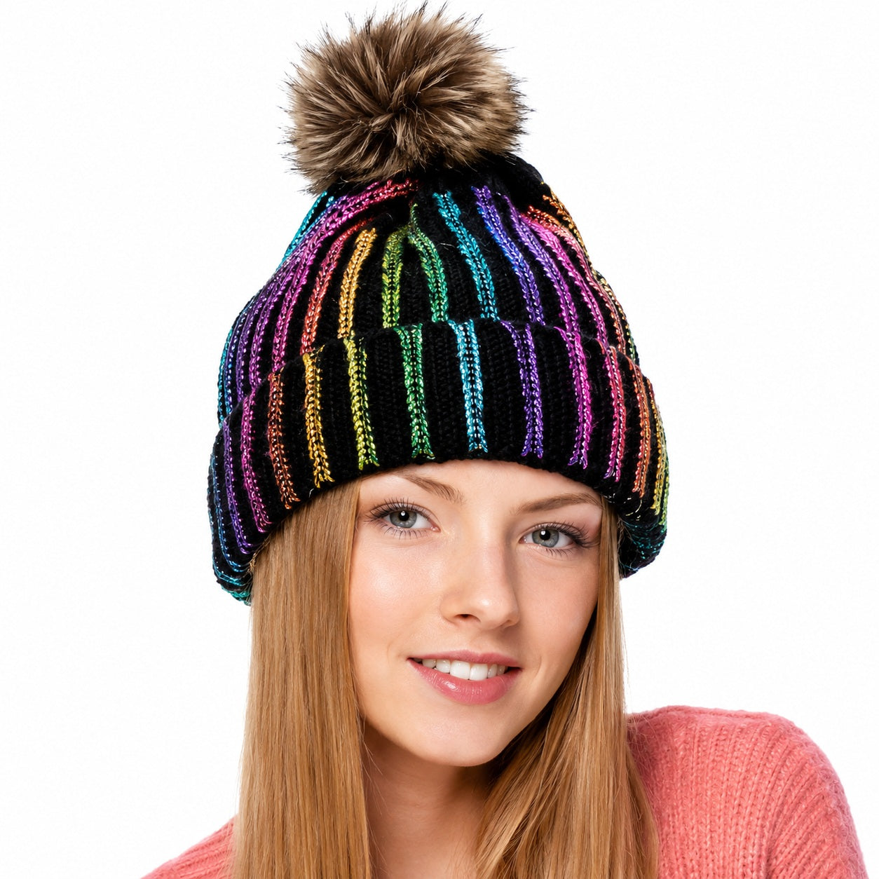 Fuzzy Lining Knitted Beanie With Fur Pom - MBEANIE2