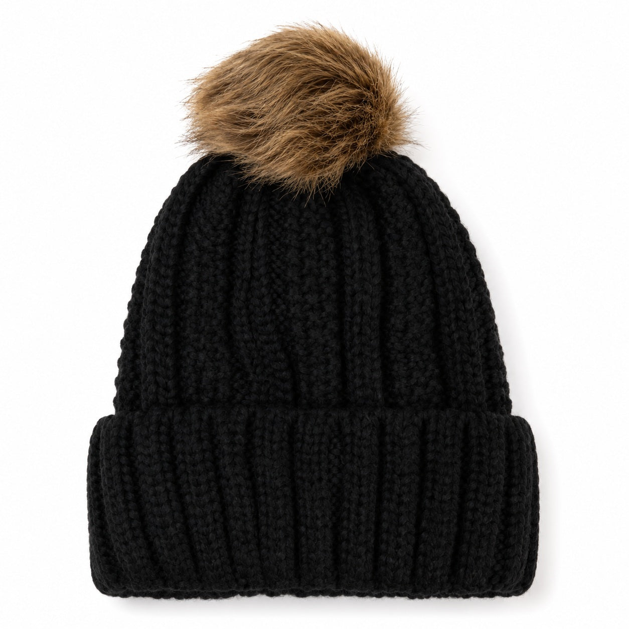 Fuzzy Lining Knitted Beanie With Fur Pom - MBEANIE2