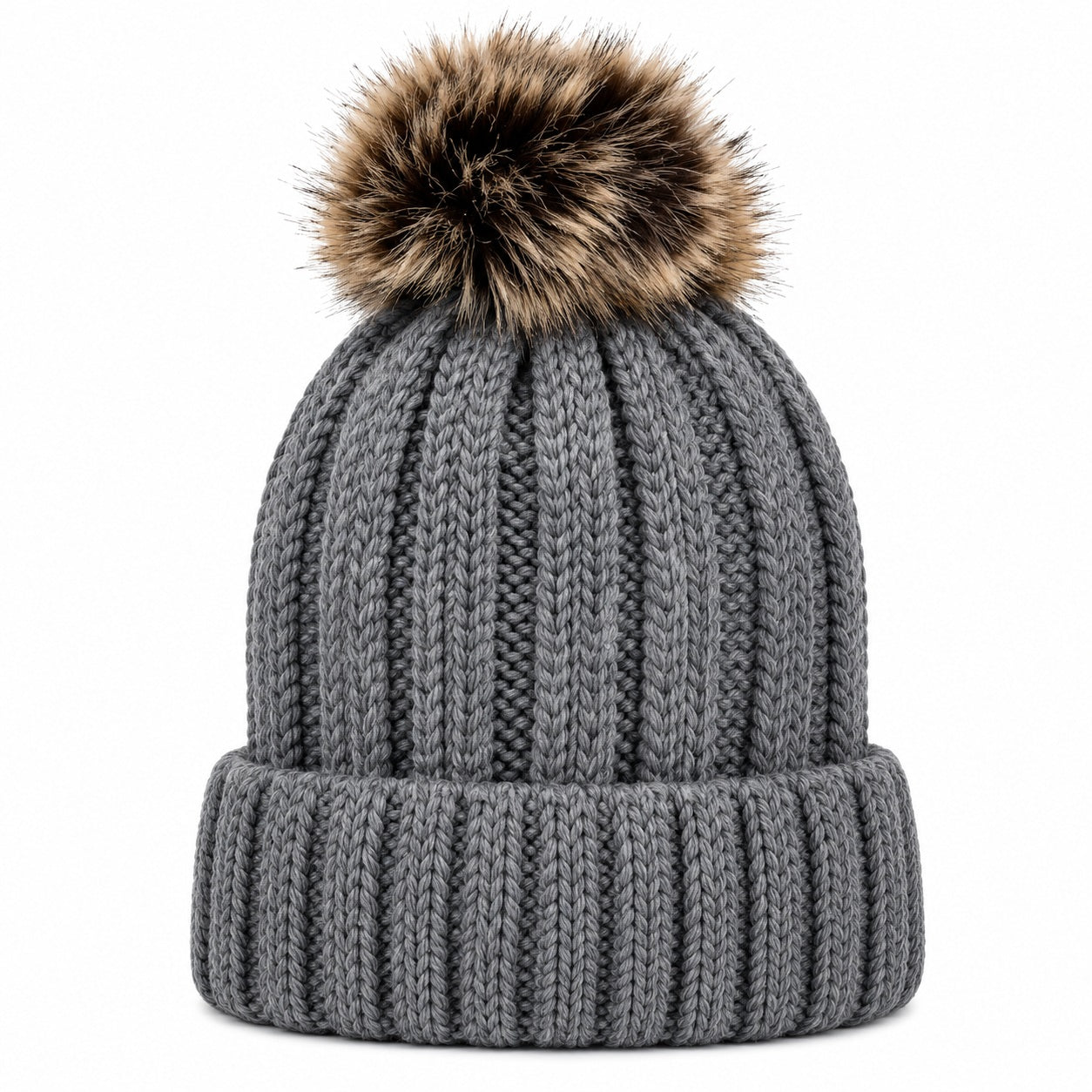 Fuzzy Lining Knitted Beanie With Fur Pom - MBEANIE2