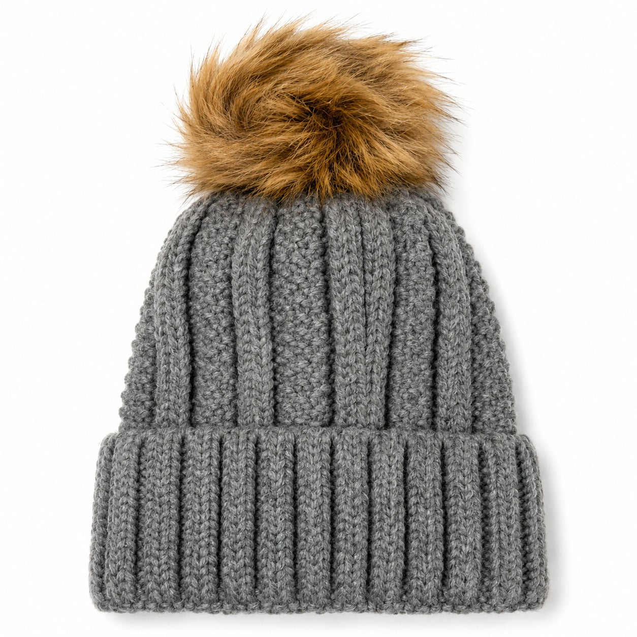 Fuzzy Lining Knitted Beanie With Fur Pom - MBEANIE2