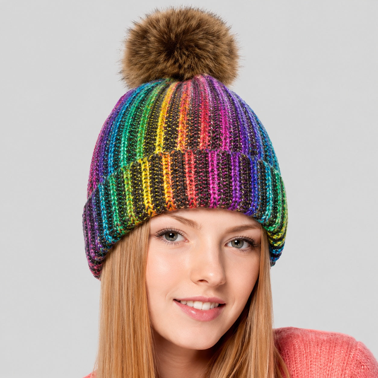 Fuzzy Lining Knitted Beanie With Fur Pom - MBEANIE2