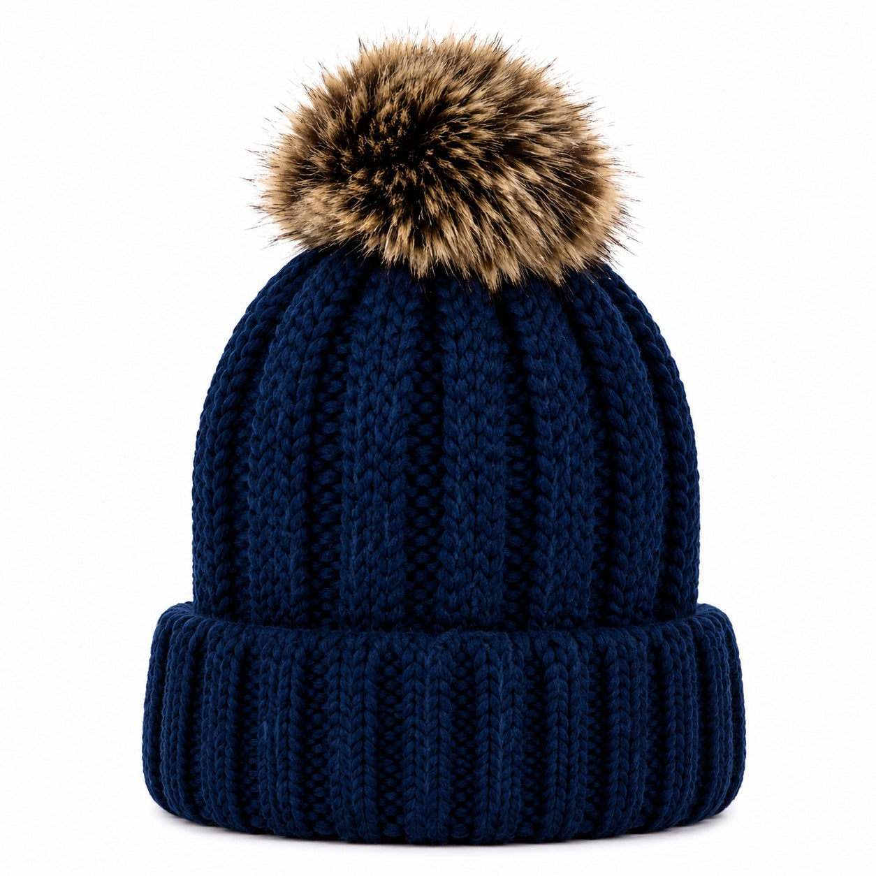 Fuzzy Lining Knitted Beanie With Fur Pom - MBEANIE2