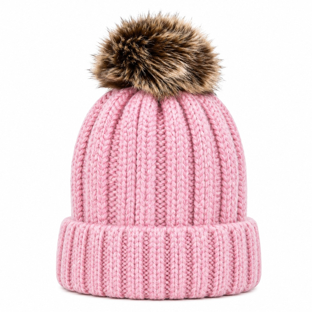 Fuzzy Lining Knitted Beanie With Fur Pom - MBEANIE2