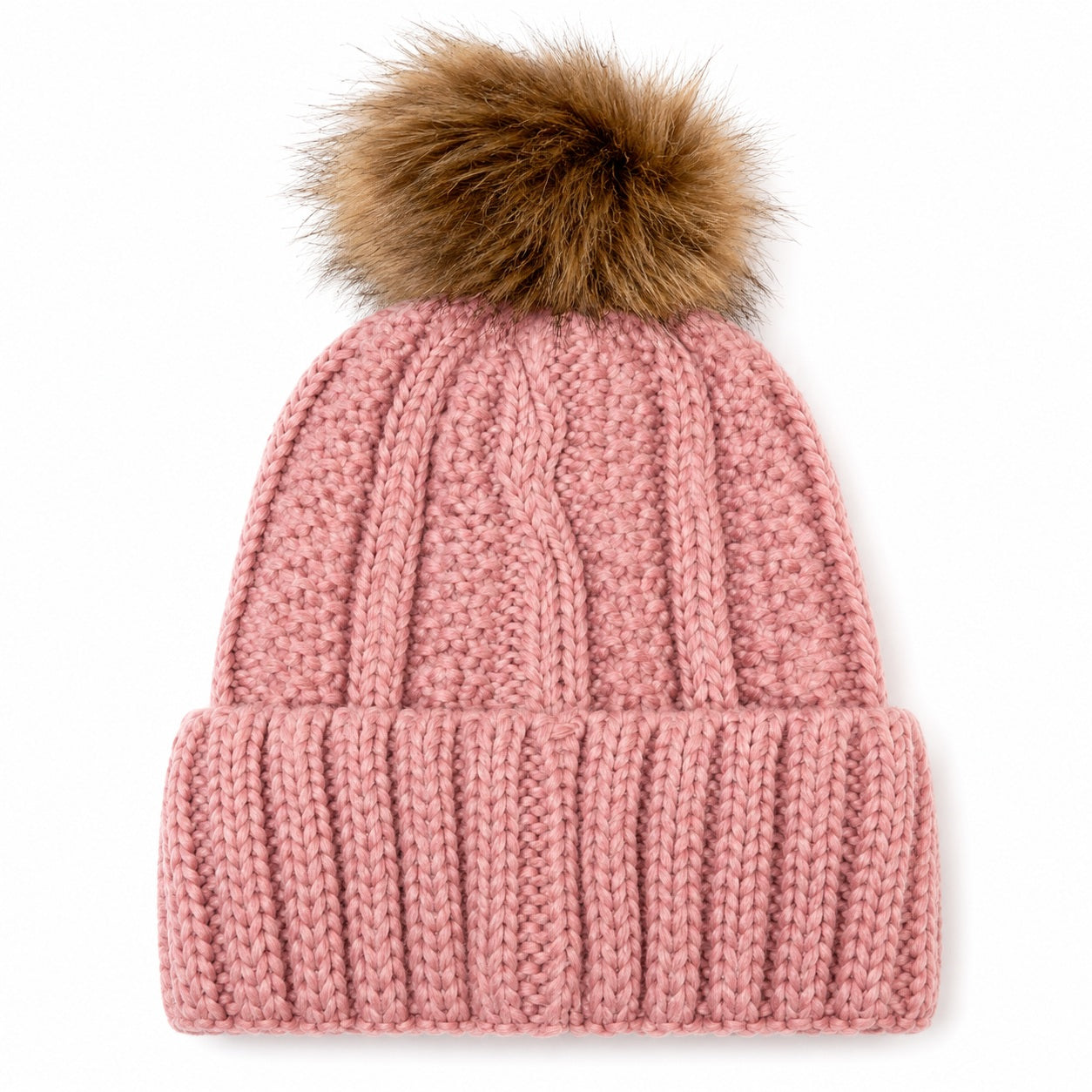 Fuzzy Lining Knitted Beanie With Fur Pom - MBEANIE2