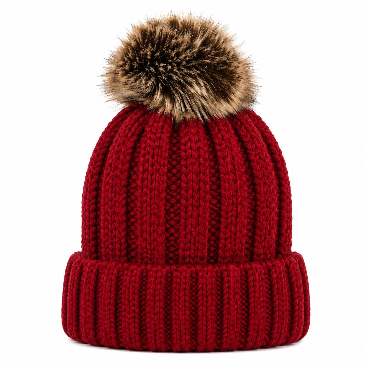 Fuzzy Lining Knitted Beanie With Fur Pom - MBEANIE2