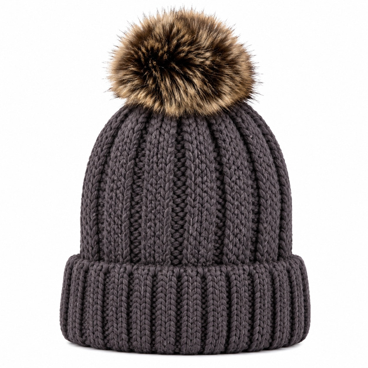 Fuzzy Lining Knitted Beanie With Fur Pom - MBEANIE2