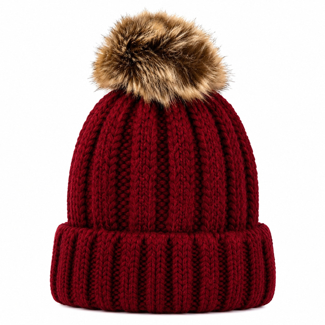 Fuzzy Lining Knitted Beanie With Fur Pom - MBEANIE2