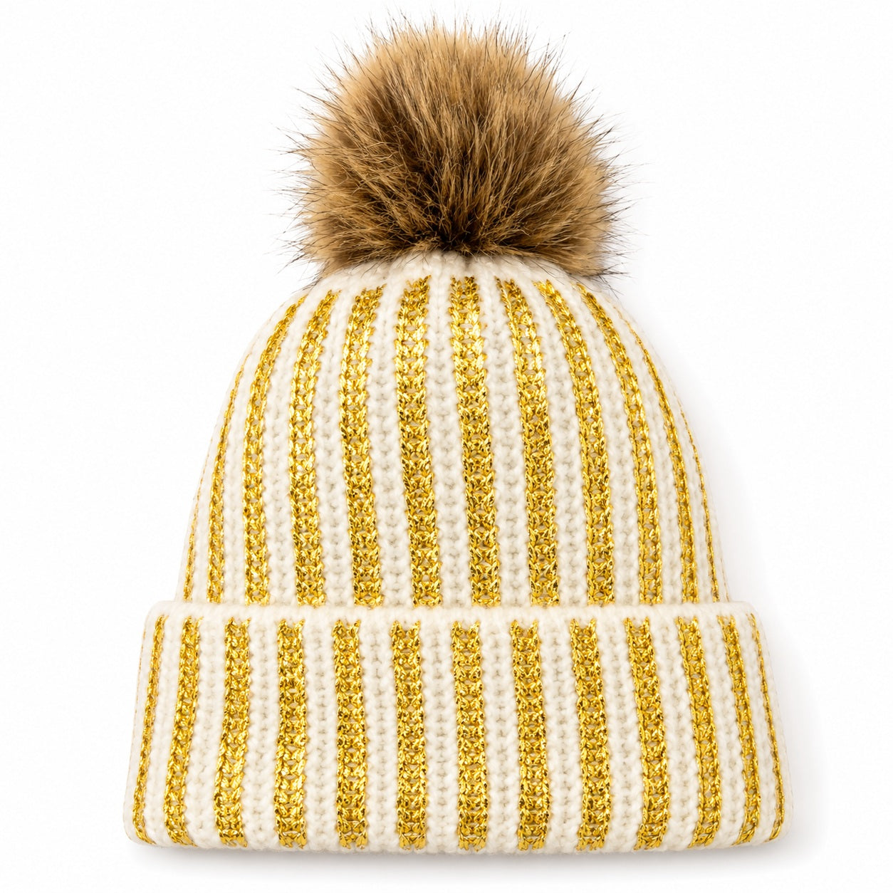 Fuzzy Lining Knitted Beanie With Fur Pom - MBEANIE2
