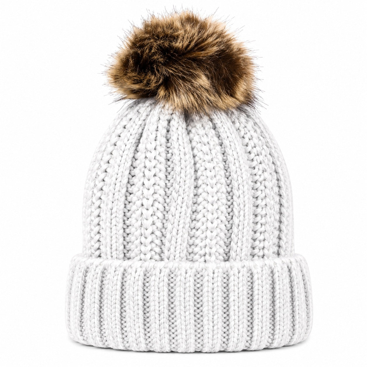 Fuzzy Lining Knitted Beanie With Fur Pom - MBEANIE2
