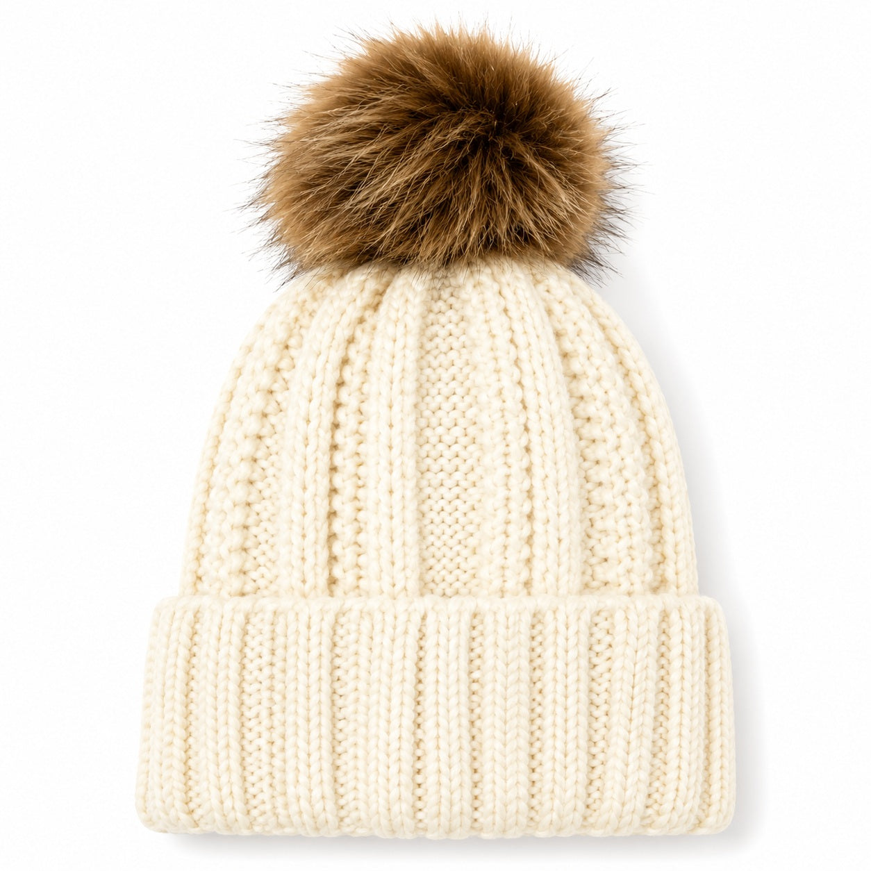 Fuzzy Lining Knitted Beanie With Fur Pom - MBEANIE2