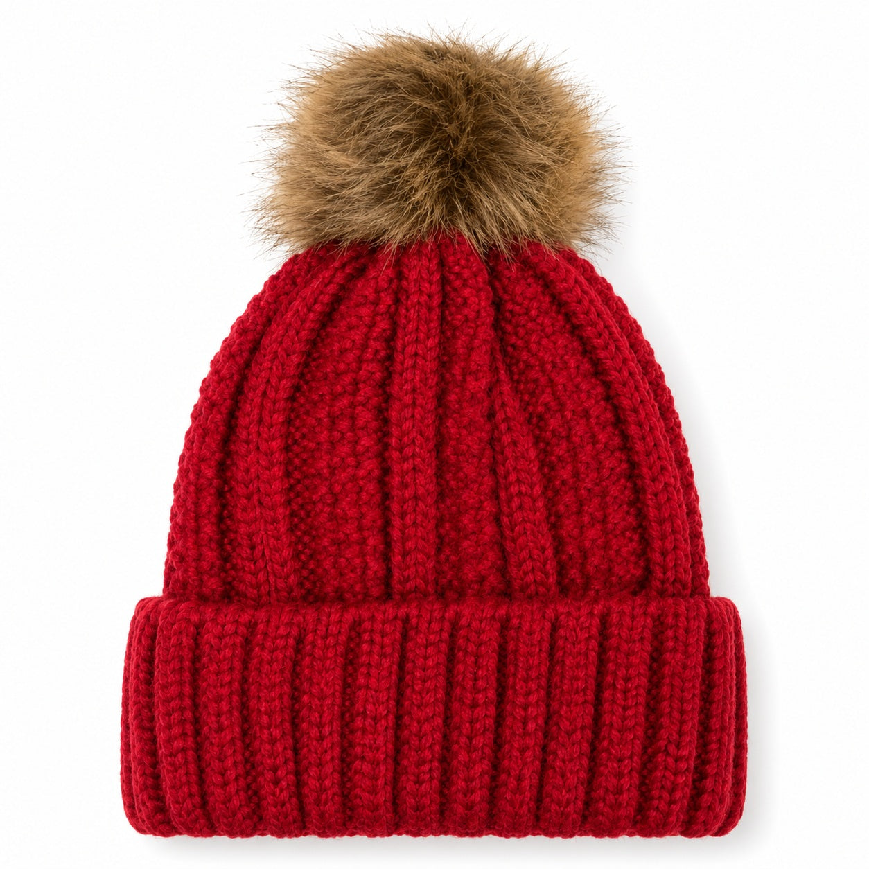 Fuzzy Lining Knitted Beanie With Fur Pom - MBEANIE2