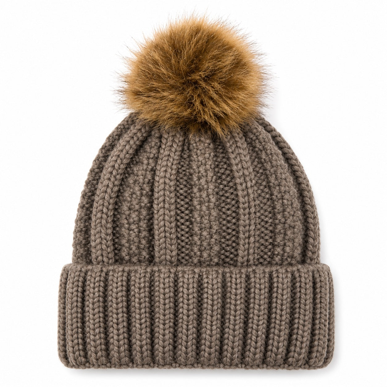 Fuzzy Lining Knitted Beanie With Fur Pom - MBEANIE2