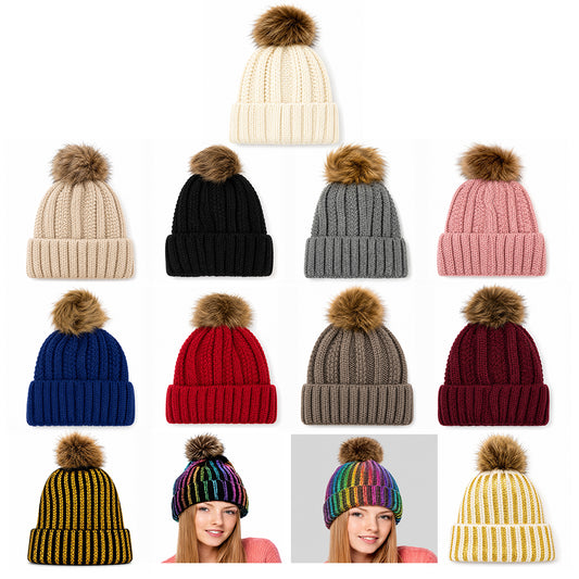 Fuzzy Lining Knitted Beanie With Fur Pom - MBEANIE2
