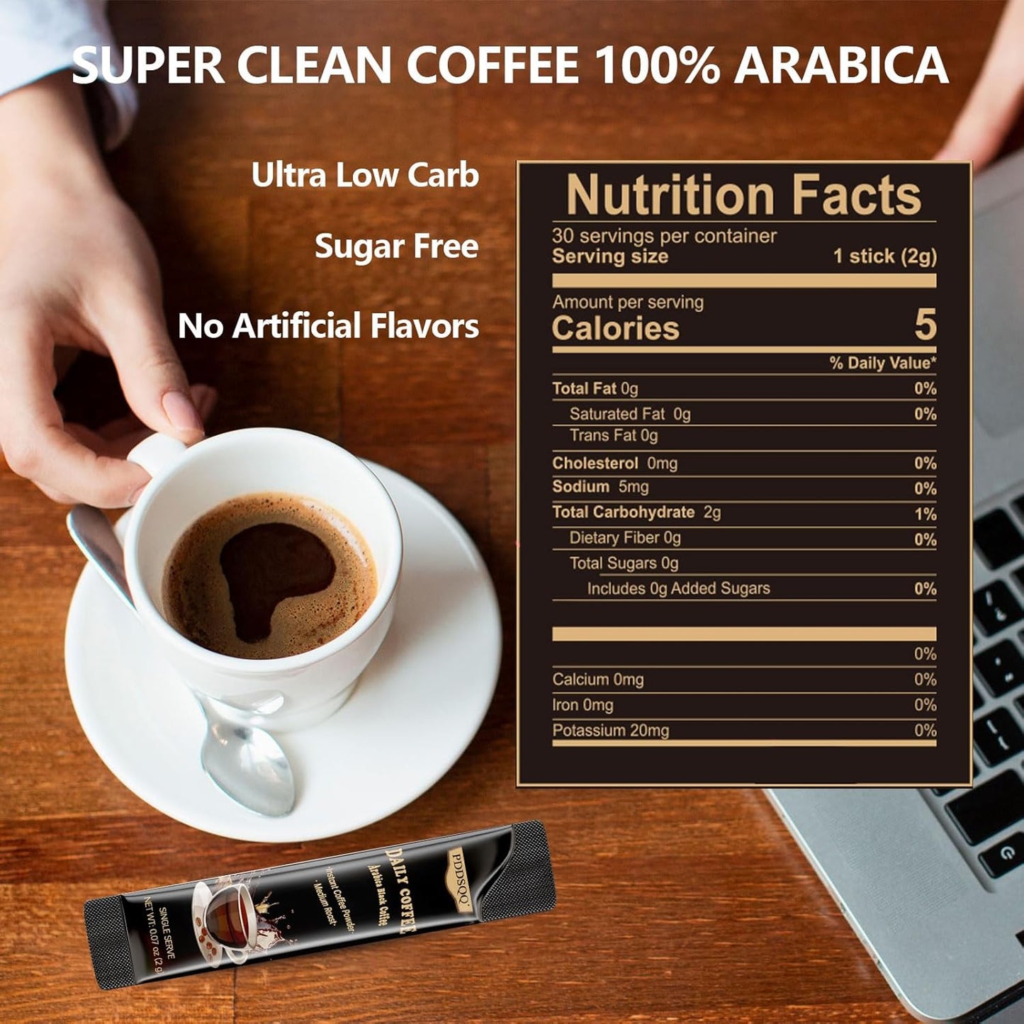 PDDSQQ Arabica Instant Black Coffee 30 packs Medium Roast 60g - MCOFFEE30