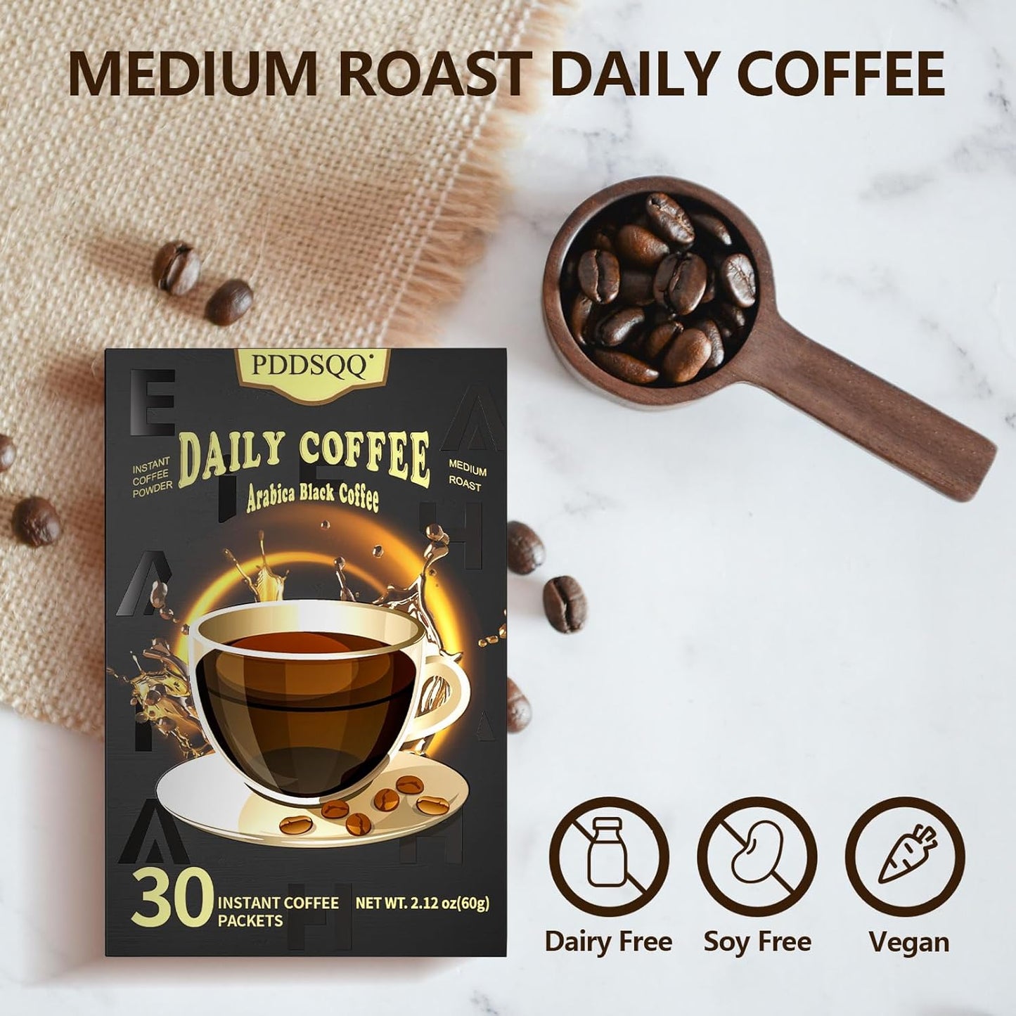PDDSQQ Arabica Instant Black Coffee 30 packs Medium Roast 60g - MCOFFEE30