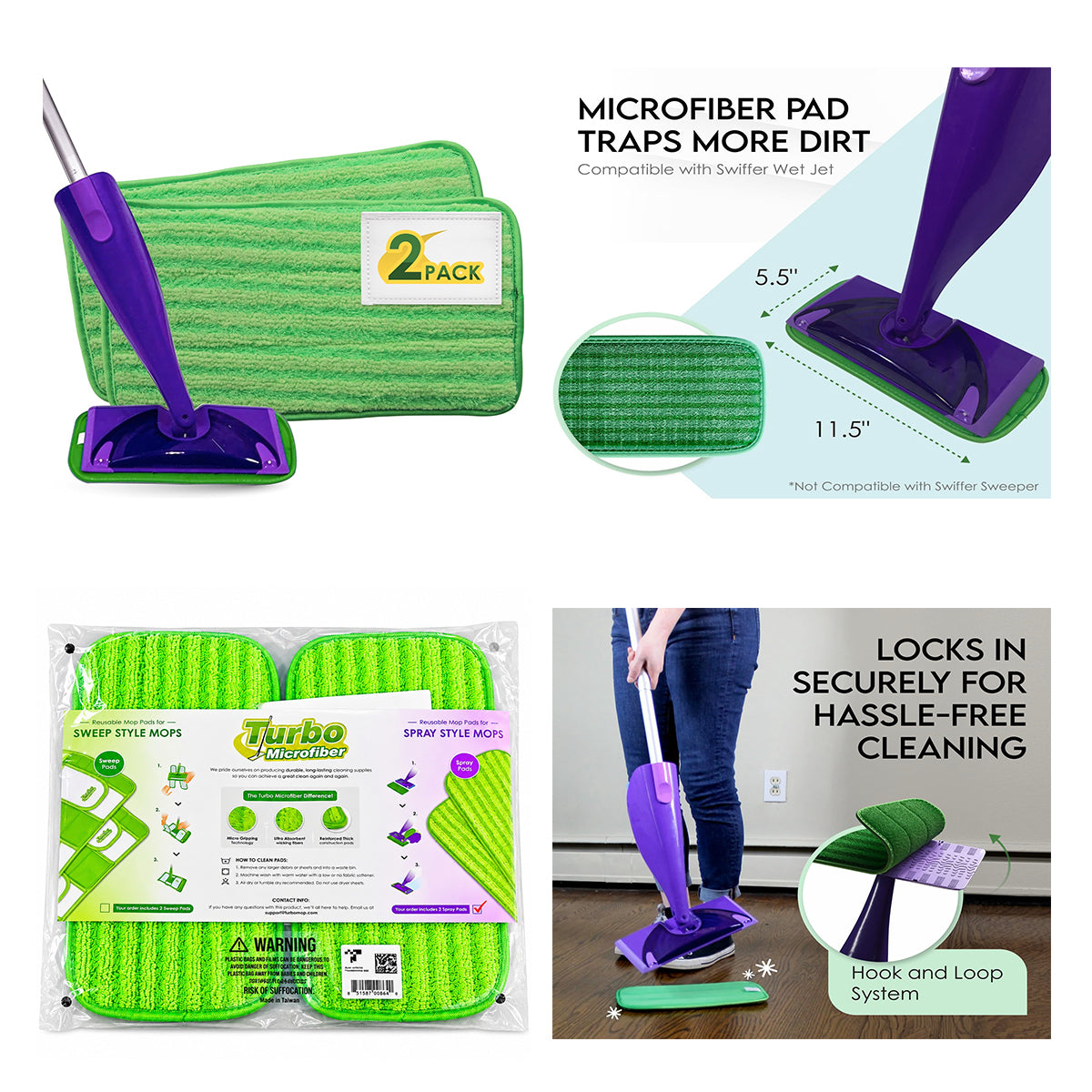 Turbo Mops Reusable Floor Mop Pads 2 Pack 12 inches Microfiber Mop Refills - M MOP