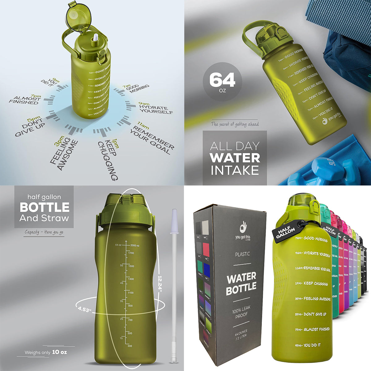 Motivational Water Bottle With Straw 2 Liters (64 Oz) - MSWM