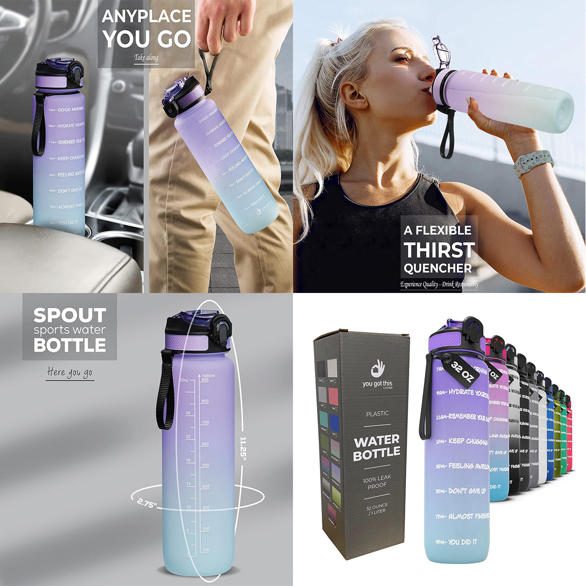 Motivational Water Bottle 1 Liter (32 Oz) - MSWS