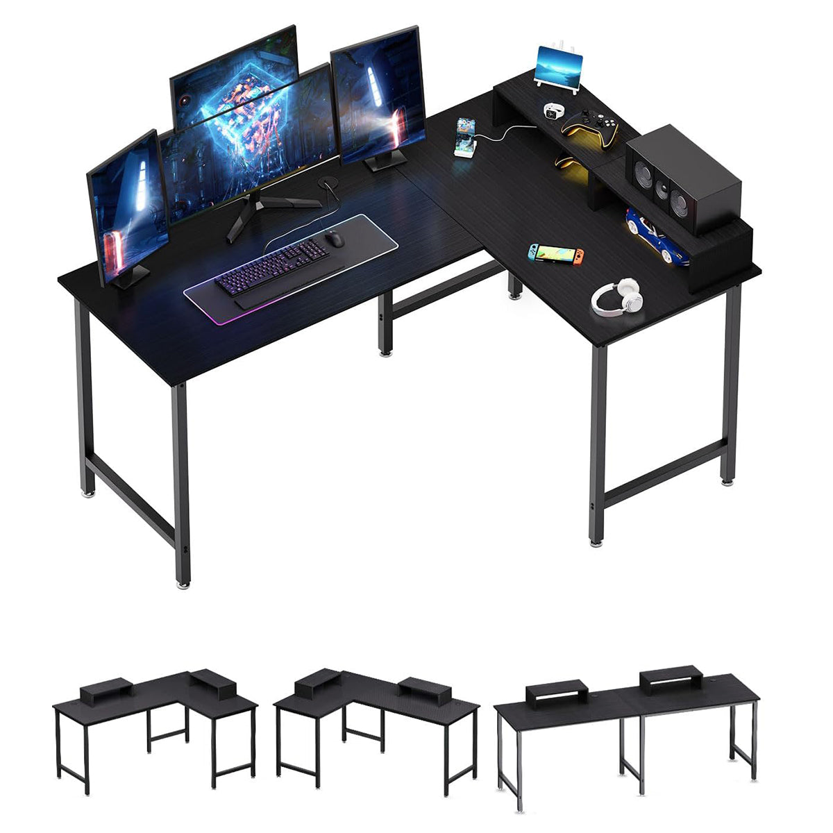 MINOSYS 58 Inches L Shaped Office Desktop Table With Storage and Monitor Stand (Reversible Corner)- MTABLE58