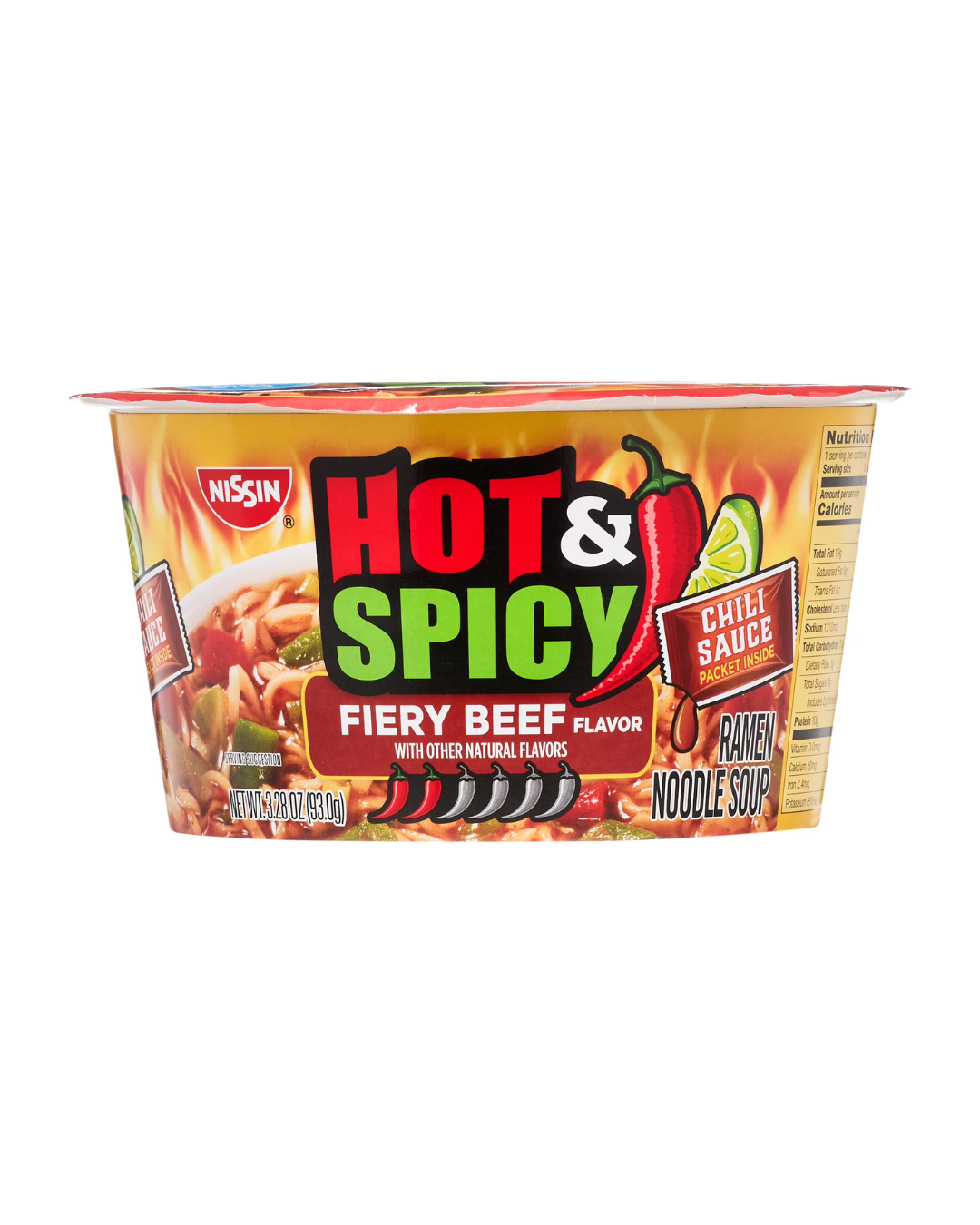NISSIN HOT & SPICY FIERY BEEF FLAVOR RAMEN NOODLE SOUP, 3.28oz (93g) GNISSIN338B