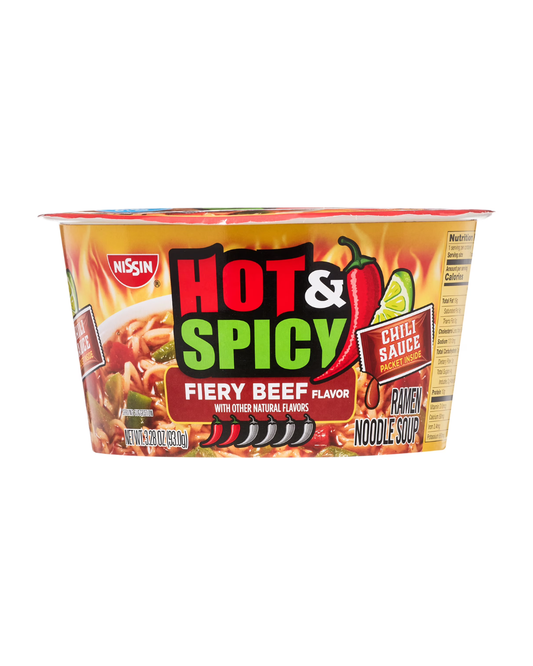 NISSIN HOT & SPICY FIERY BEEF FLAVOR RAMEN NOODLE SOUP, 3.28oz (93g) GNISSIN338B