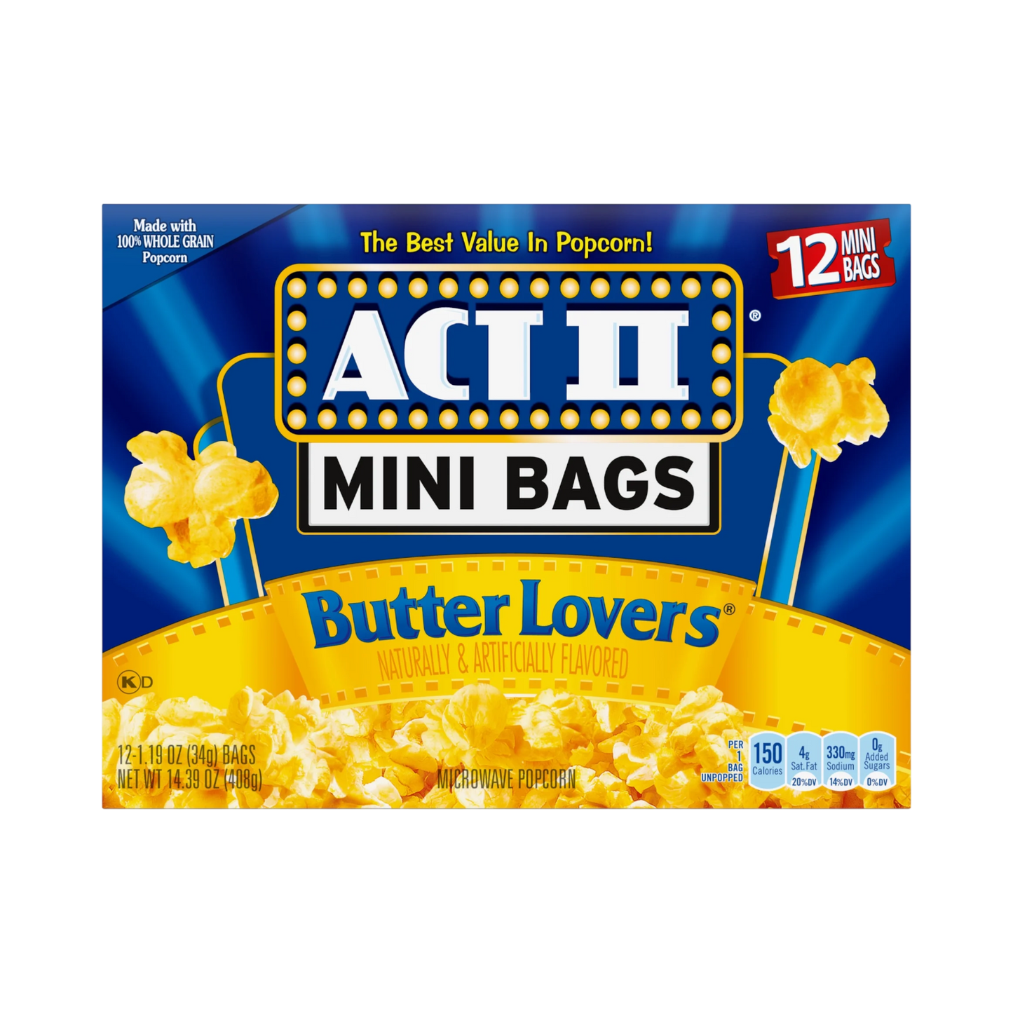 ACT II BUTTER MINI BAGS BUTTER LOVERS MICROWAVE POPCORN, 12ct -1.19oz GACTII302