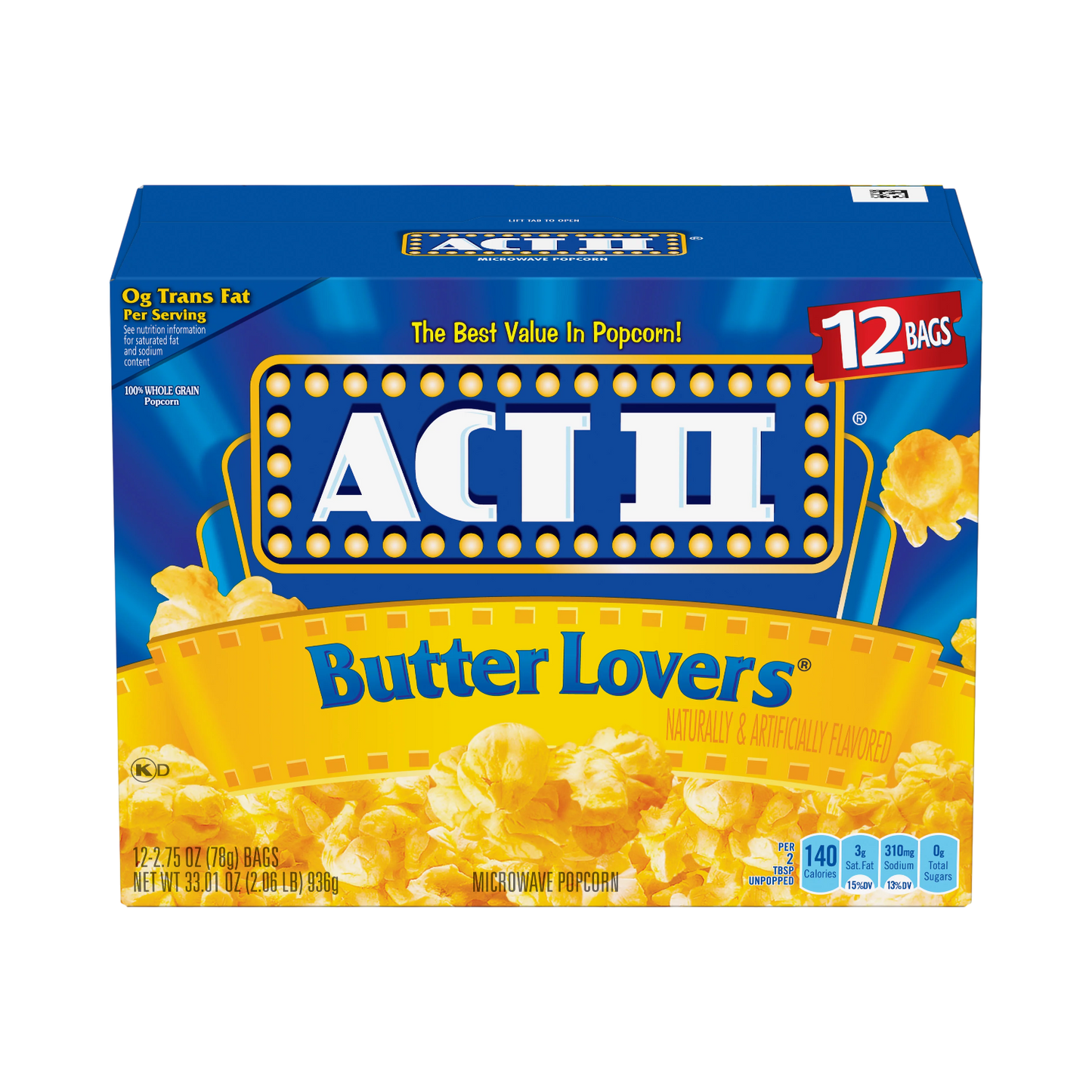 ACT II BUTTER LOVERS MICROWAVE POPCORN, 12ct-2.75oz GACTII301